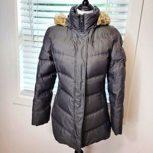 London Fog quilted feather puffer faux fur hoodie women M